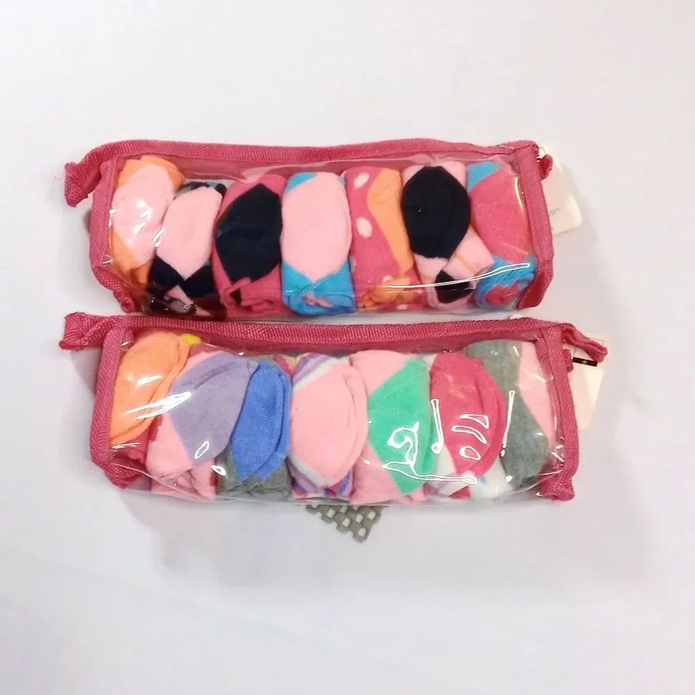 14 pr Low Cut No Show Socks w/ Storage Bag Random Multicolor NWT Girls sz: 7-3